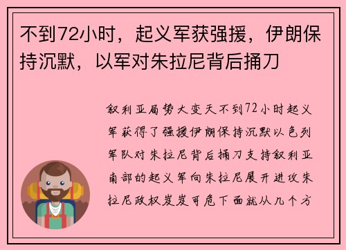 不到72小时，起义军获强援，伊朗保持沉默，以军对朱拉尼背后捅刀
