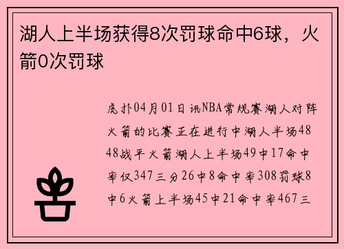 湖人上半场获得8次罚球命中6球，火箭0次罚球