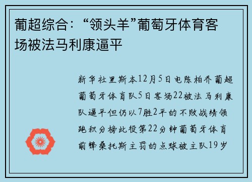 葡超综合：“领头羊”葡萄牙体育客场被法马利康逼平
